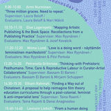 Poster with details of the spring thesis presentations day one. Turquoise circle against a blue backdrop