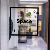 Space 21 logo taped on the glass door with the place itself visible through it.