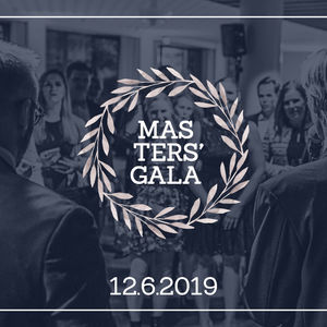School of Business Masters' Gala logo and a photo taken in the Masters' Gala 2018, with some of the participants standing in the crowd.