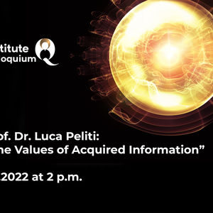 Orange particle illustration on black background with white text: "InstituteQ Colloquium: Prof. Dr. Luca Peliti: 'The Values of Acquired Information', 1.9.2022 at 2 pm."