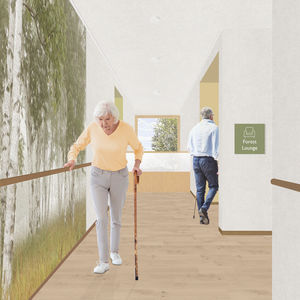 An elderly person with a walking stick in a corridor