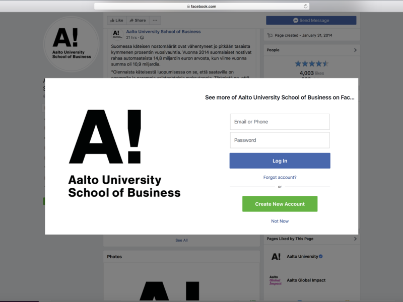 Kuvassa kuvakaappaus Aalto-yliopiston kauppakorkeakoulun Facebook-sivulle ilmestyvästä ilmoituslaatikosta, jossa pyydetään kirjautumaan sisään palveluun