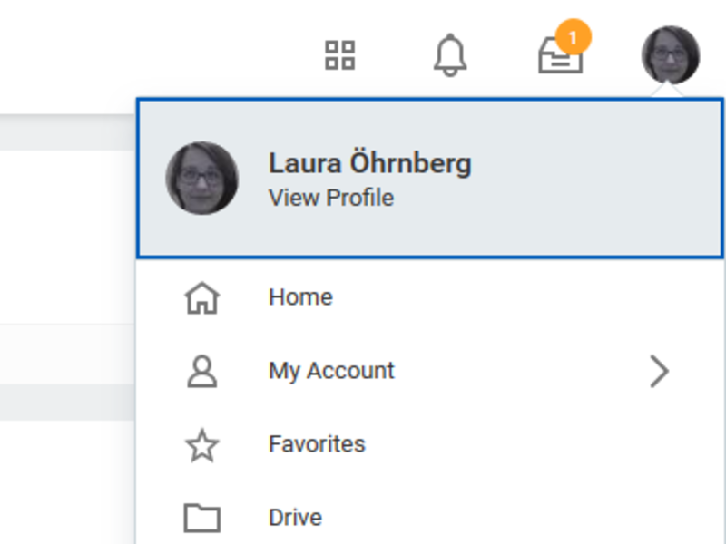 Screen shot illustrating how you can access your Workday profile.