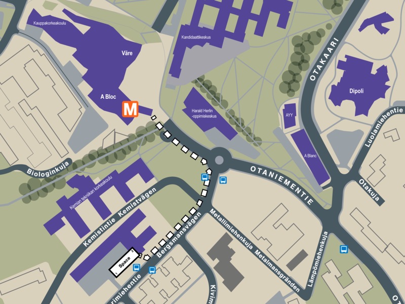 Campus map with Space 21 location and route from metro to there.
