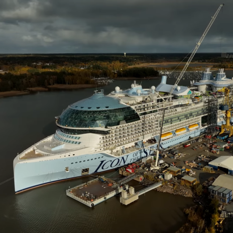 Still image from a Youtube video showing the cruise ship Icon of the Seas under construction.
