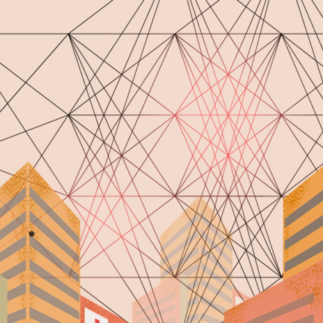 An illustration with building connected by lines