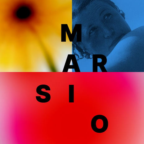 The picture shows the text Marsio and a photo of Aino Marsio-Aallo, a close-up of a yellow flower and a red colour bar