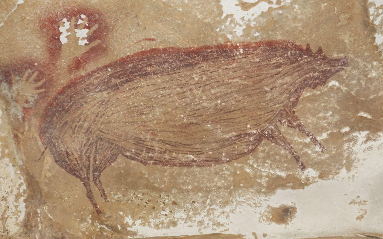 An Indonesian cave painting of a warty pig, sporting a pair of large bumps on its neck