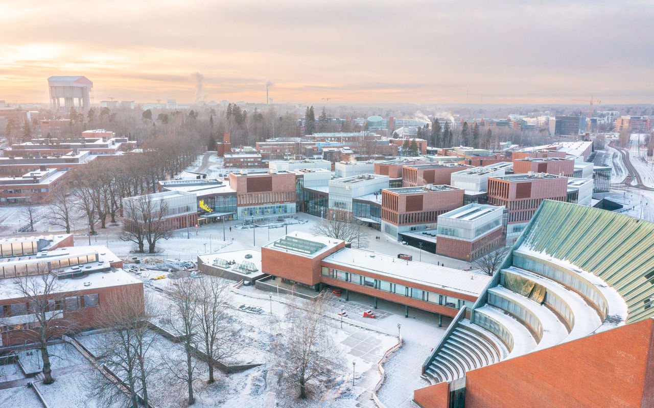 Aalto University's main campus in the winter
