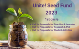 The image shows a jar of coins with a green plant growing from it. Text Unite! Seed Fund 2023.