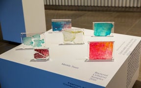 Unexepected encounters exhibition: Matilda Tuure's colourful glass work presenting Bacterial Cellulose Samples