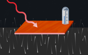 An illustration showing a nano-strip of copper being bombarded by photons, with a thermometer measuring its heat