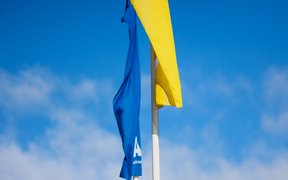 Blue and yellow flags.