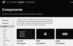 Screenshot of Aalto's design system's components page