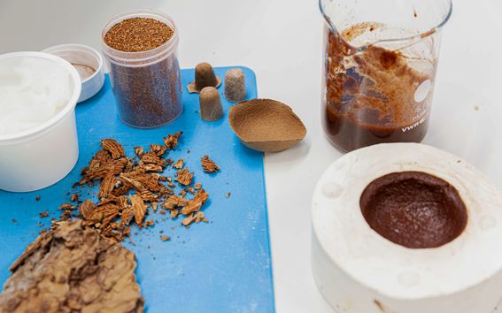A piece of tree bark that has been grinded and chemically modified into a paste in a bottle