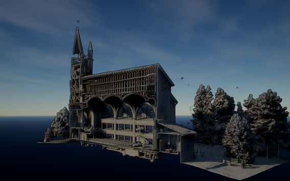 3D-malli Ylistaron kirkosta. Malli on väriltään ruskea, tausta sininen. Kirkon vieressä on myös laserkeilattuja puita.