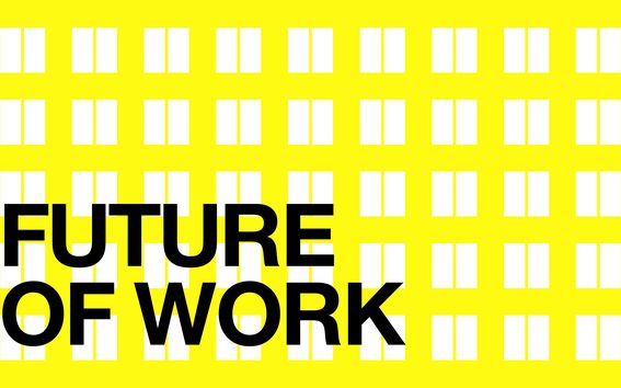 Future of Work Logo / Graphic illustration with yellow background and a pattern of white rectangles, covered by a black text in capital letters reading: Future of work