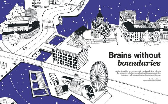 First spread of the theme article on Aalto University Magazine 18. Illustration of the Helsinki city harbor by Anna Muchenikova.