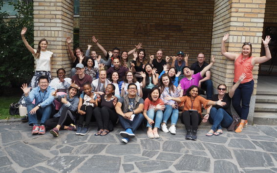 Digital Master Class, summer 2018, students in front of the School of Business
