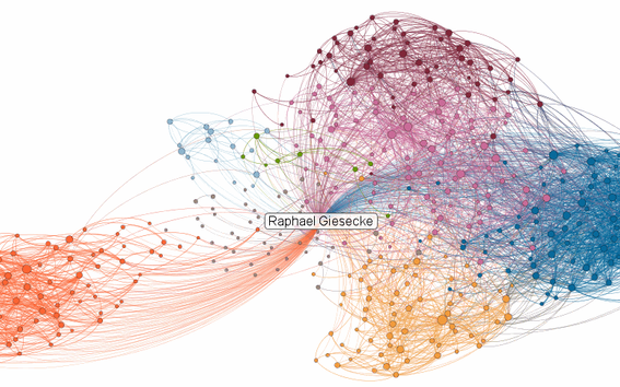 An illustration of a LinkedIn network. Colours illustrate diversity and boundary spanners connect some of the clusters (bubbles). Image: Raphael Giesecke.