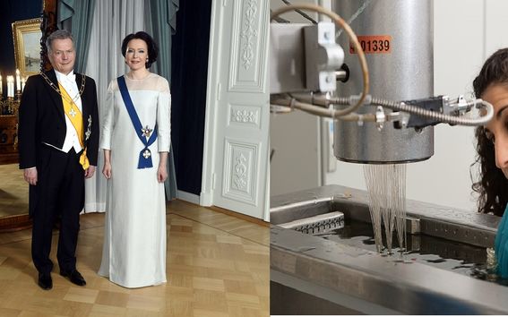 Jenni Haukio,spouse of Finnish President,Sauli Niinistö, wearing an Aalto University-created evening gownmade with birch-based Ioncell fibre from Finland’s plentiful forests(on the left), Resaerch work_Puu19