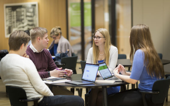The photo shows School of Business students studying together.
