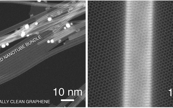 an electron microscope image showing a carbon nanotube on top of a substrate of graphene
