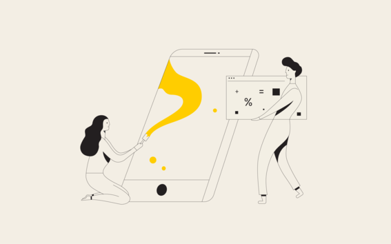 Illustration of a woman painting a big smartphone and of a man carrying a big calculator
