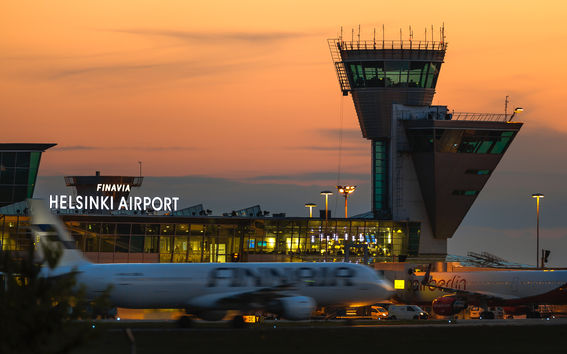 Helsinki Airport and the traffic control tower at night. Photo: Finavia Image bank