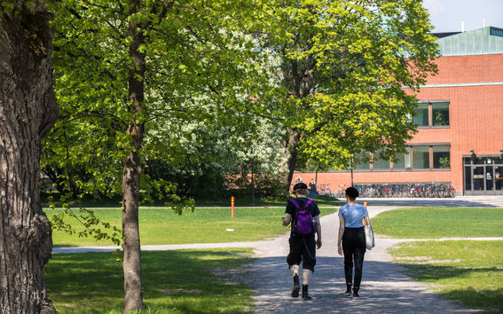 Two people walking on campus.
