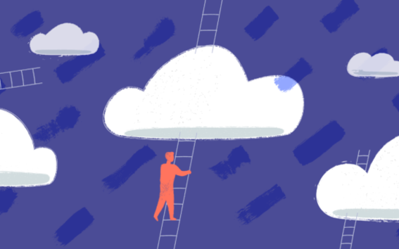 Illustration of human figures climbing stairs to clouds on blue background. / illustration: Lisa Staudinger