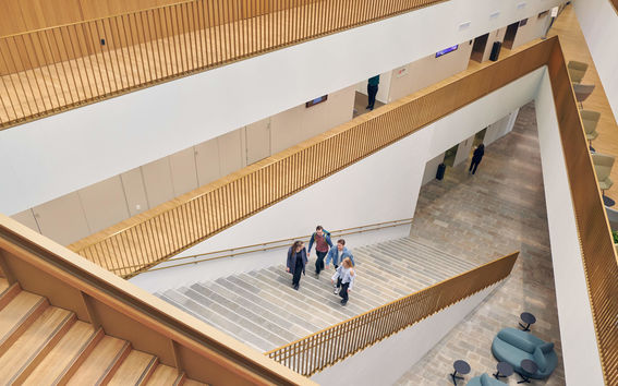 The photo shows the School of Business main staircase. The photo was taken by Unto Rautio.