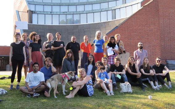 ViCCA's staff and students in front of the amphitheater on the Otaniemi campus. Sunny day of June.