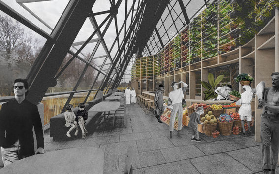 sketch for the new use of Gardenia building in Viikki, Helsinki: a vertical farm. people walking indoors the glass-walled building, fruits being sold there