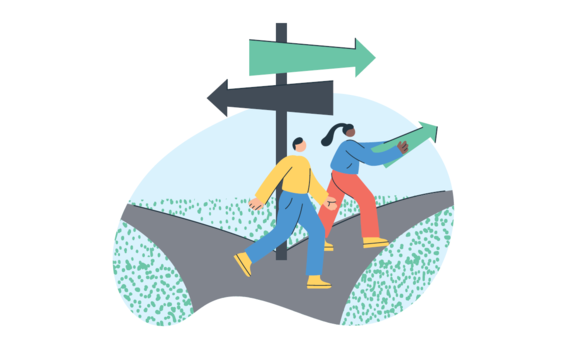 Green nudges illustration, two people walking on a dirt road in a park