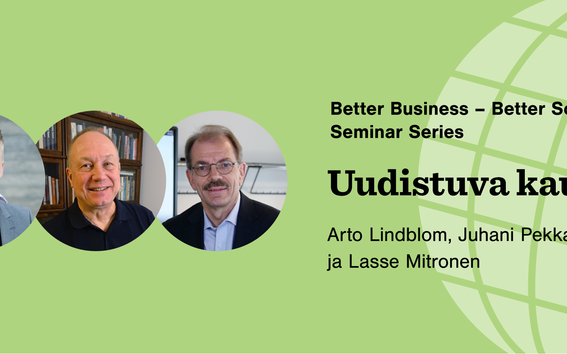 Kuvassa Arto Lindblomin, Juhani Pekkalan ja Lasse Mitrosen kuvat sekä teksti Uudistuva kauppa vihreällä taustalla