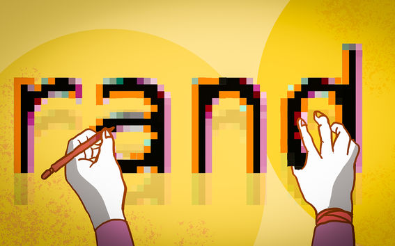 Illustration displaying hands writing letters RAND on a yellow background