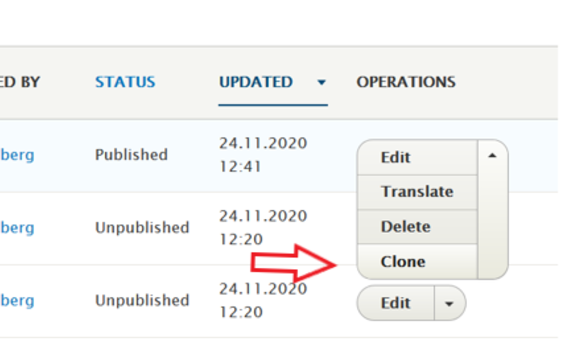 Screen shot illustrating how to copy content in Drupal.