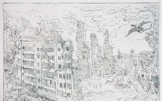 a drawing, ruins of building around and a lizard flying and another non-human entity walking on ground