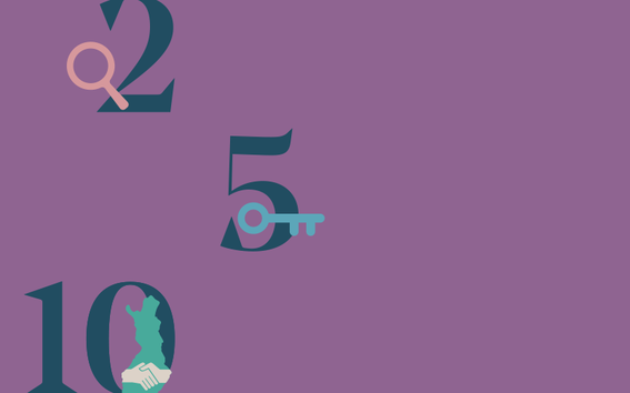Violetti Unifi-banneri, jossa kuvattu numeroita, joiden päällä erilaisia graafisia kuvia, esim. avain ja suurennuslasi