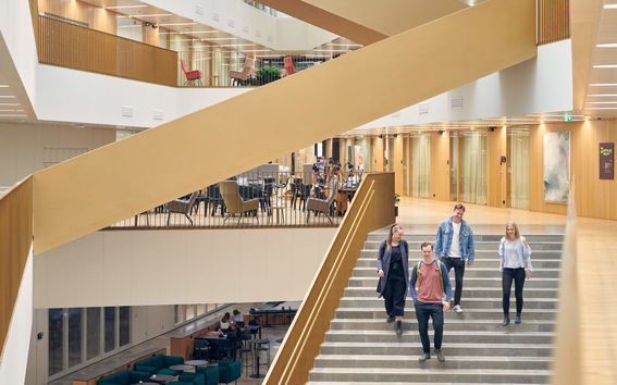 Four students descending stairs in the School of Economics building. Photo taken by Unto Rautio.