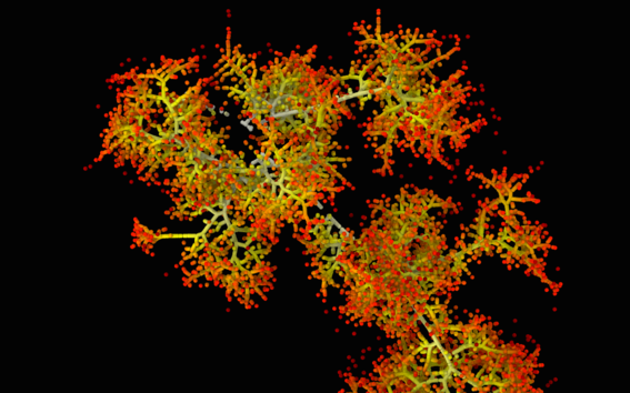 visualization of energetic atoms from a simulation of a collision cascade