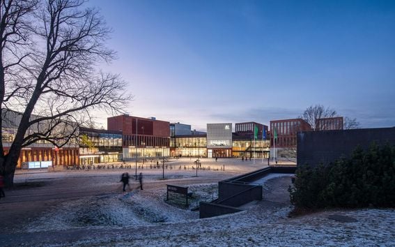 Aalto's campus in a wintery setting with a little bit of snow.