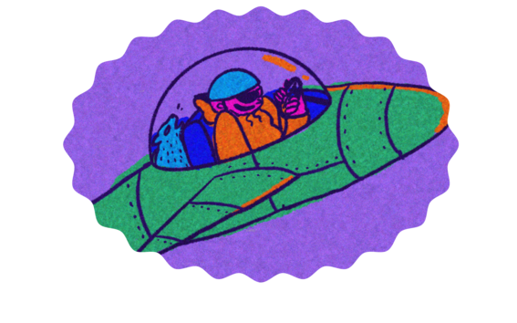 Naivistic illustration of a person steering a green jet plane towards a purple background
