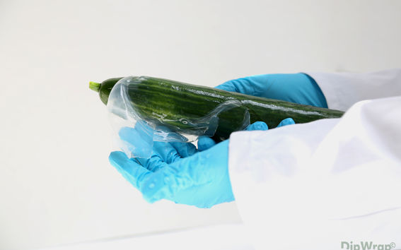 Closeup of person in a white labcoat with blue gloves holding a cucumber covered in clear bio-based protective wrap