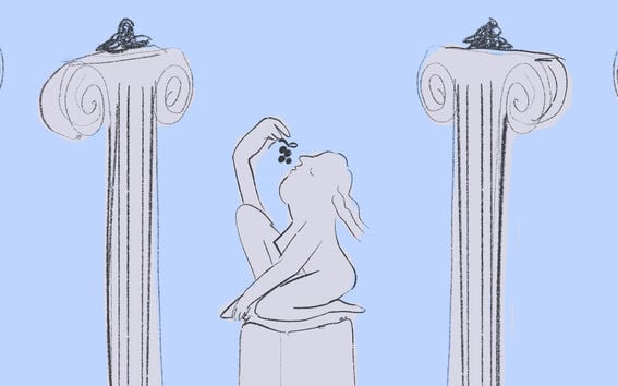 an illustration of roman pillars and a person eating grapes in the middle