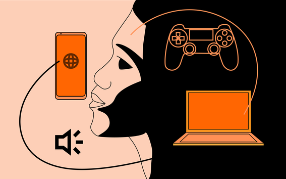 Artistic illustration for engineering psychology bachelors programme in Aalto University. Human face, laptop, game controller and phone. Illustration by Matti Ahlgren