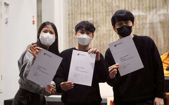 Students from UNIST university (from the left) Sola Moon, Jinsu Son and  Yeongjun Park successfully completed the course Digital Business, Advanced Technologies and Innovation at Aalto University.