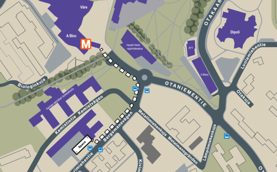 Campus map with Space 21 location and route from metro to there.