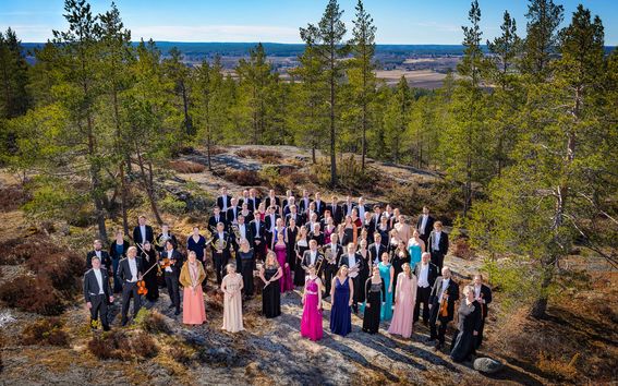 Players of Polytech Orchestra photographed in summertime on a cliff in the woods